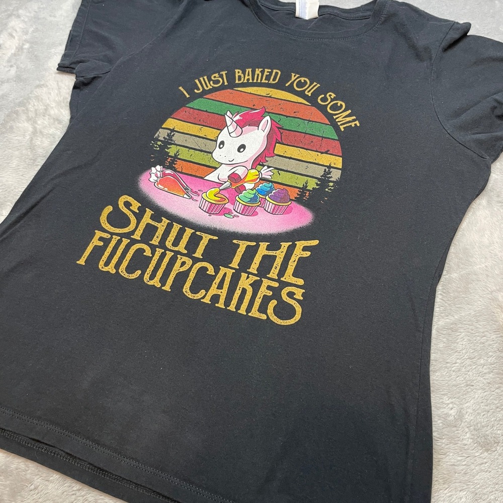 Port & Company Womens Sarcastic Unicorn T-Shirt Size L Black Baking Graphic Tee